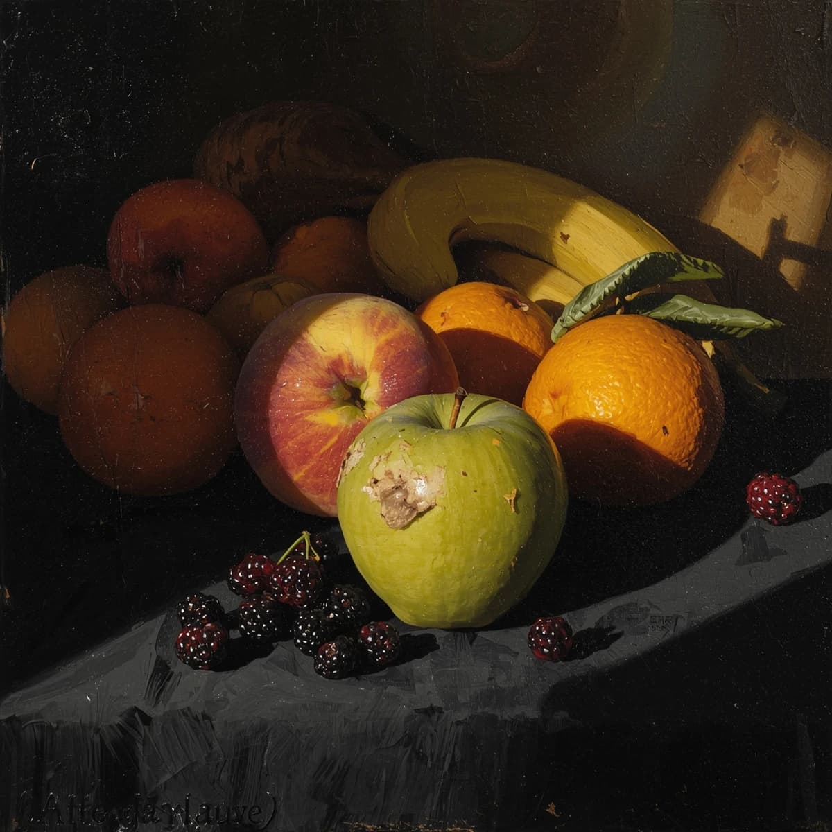 A still life scene painted oil on canvas, comprising various fruits on a black table cloth with striking lighting coming from the right out of frame, creating strong shadows. A bruised green apple is in the foreground, a peach behind it, and behind that a melange of oranges and bananas in various states of ripeness. Berries are strewn in front of the apple. The artist has signed his name "Artificial Analysis" in the bottom right corner in a hurried fashion.