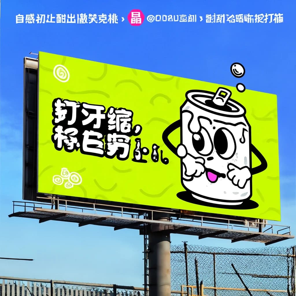 Design a bright soda billboard ad with a bubbly can mascot, thick inky lines.