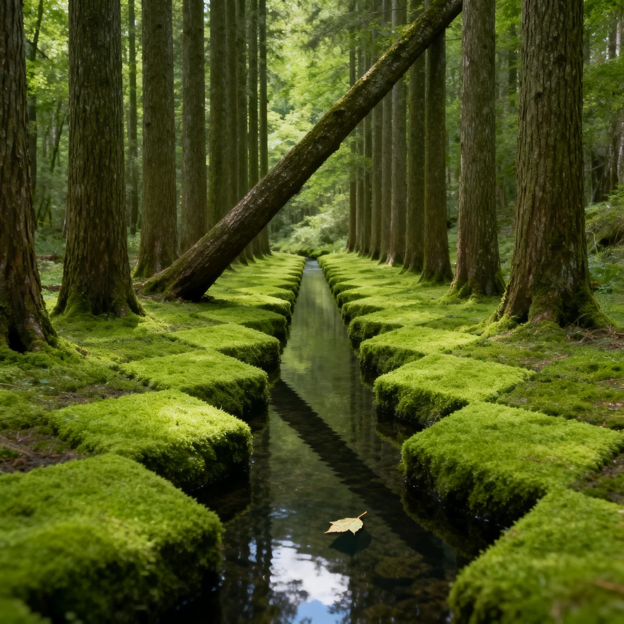 The forest is saturated green, trees identical in height and width, trunks straight, bark texture repeating. One trunk leans diagonally yet the branches remain vertical. The moss is emerald, glistening, though each patch forms identical diamond shapes. A stream runs straight, perfectly linear, water clear, reflecting clouds not visible in the sky. No animals, no insects, but one leaf floats on the water, doubled, showing two overlapping shadows.