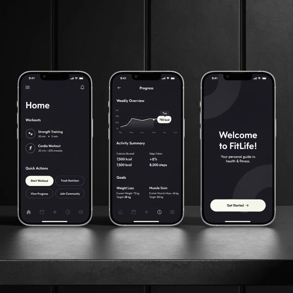 Sleek mobile fitness app screens on a desk: dark mode home, progress dashboard, simple onboarding, clear 8 pt grid, slightly oversized buttons for thumb reach, muted colors.
