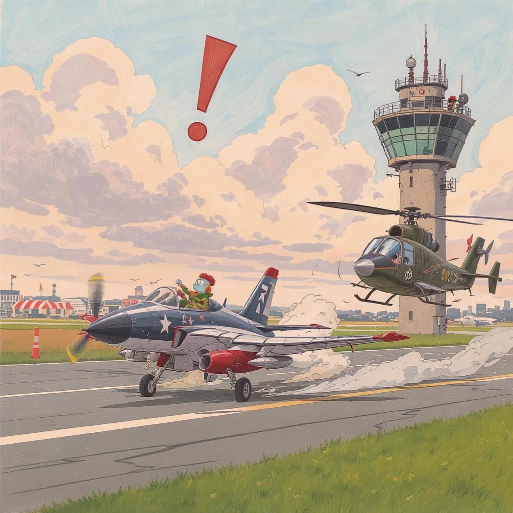 Almost at the runway, Fred the Fighter Jet is racing with Barry the Bomber to see who lands first. Fred has a mischievous trick up his sleeve but Hermione the Helicopter is going to stop him before he gets the chance. The control tower is very angry and has a big exclamation mark. Hand drawn cel look