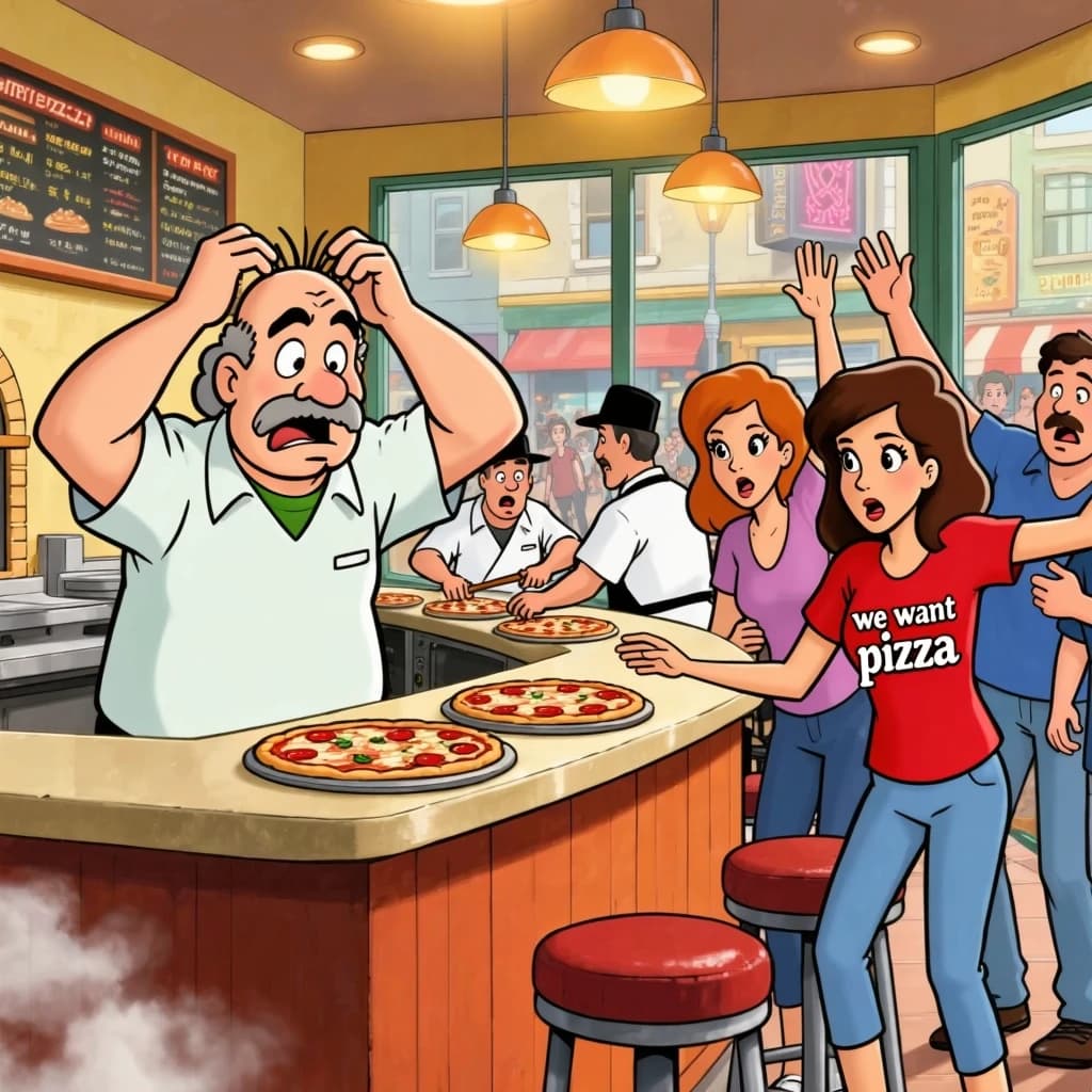 Pasquale is pulling his few remaining hairs out over a disaster at the pizzeria - the cooks are working as fast as they can but the crowds outside are swelling and they demand hot hot pizza! They are banging on the glass and some are wearing "we want pizza" shirts. 1980s western TV animation style.