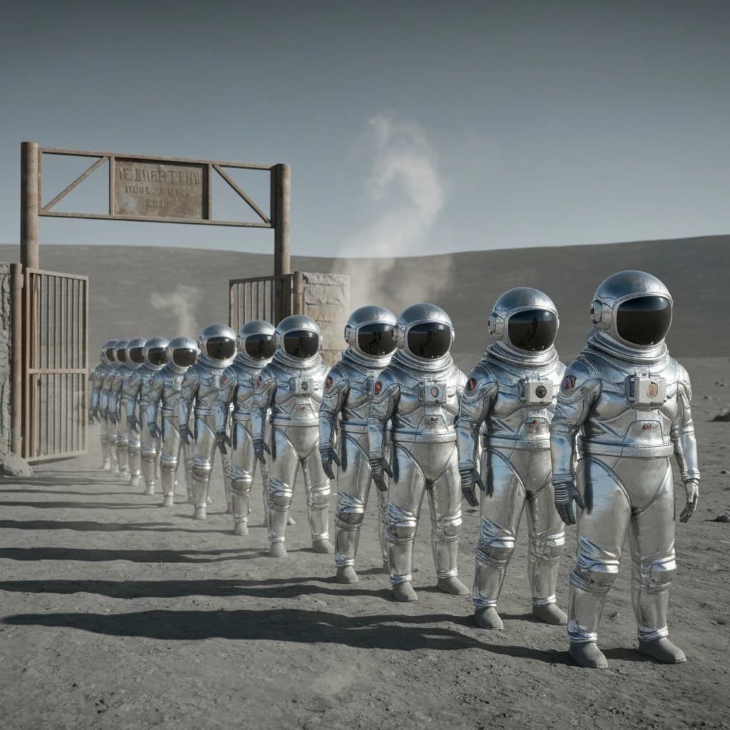 Silver exosuits queue at a dusty lunar checkpoint.