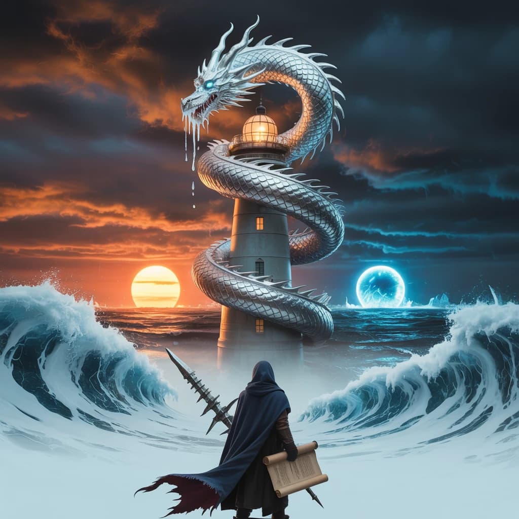 A dragon of molten silver coils around a lighthouse. The storming sea below crashes upward in frozen stillness, as though caught mid-motion. The dragon’s molten eyes drip tears of ice. On the horizon, two suns set next to each other, casting orange light on one side of the tower and blue on the other. A cloaked traveler carries an ancient weapon in his left hand and a scroll in his right.