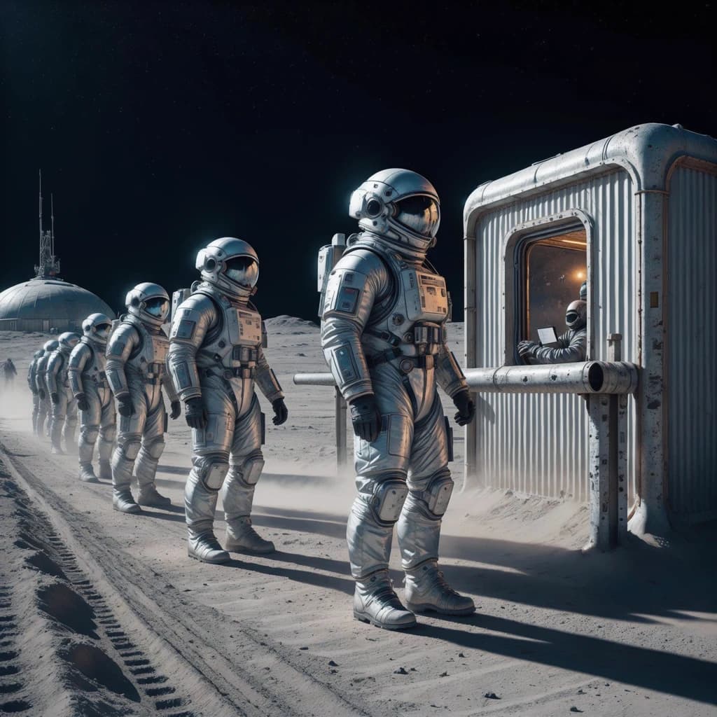 Silver exosuits queue at a dusty lunar checkpoint.