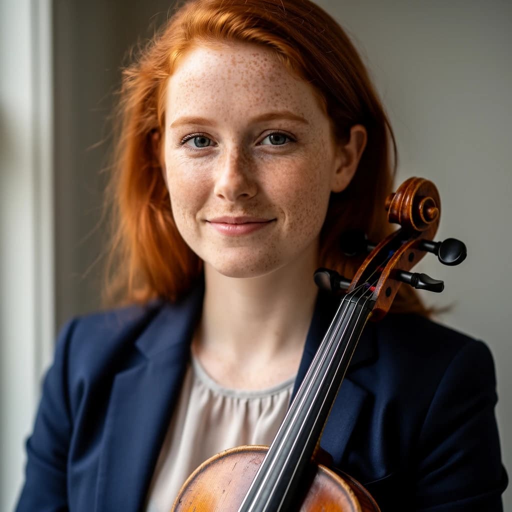 Capture a head-and-shoulders portrait of a freckled red-haired violinist in a navy blazer, soft window light, 85mm at f/1.8, gently smiling yet serious eyes, muted tones.