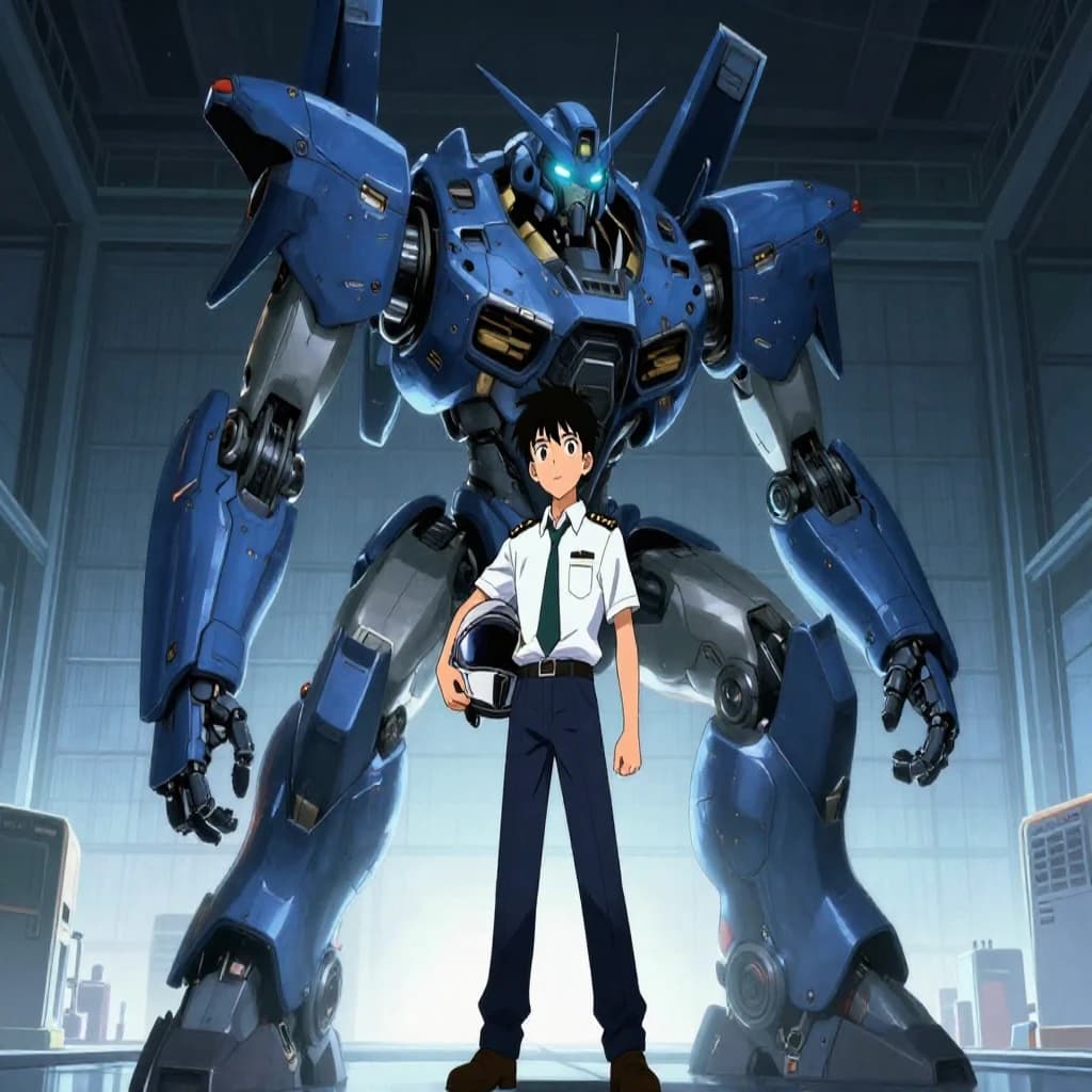 A teenage pilot grips his helmet under one arm, standing at the edge of a glowing hangar bay. Before him looms a sleek, steel-blue mech, its eyes lit with a cold electric glare. His school uniform is rumpled, a sharp contrast to the machine’s flawless plating. The vast scale engulfs him in shadow, emphasizing both awe and dread. Hand-drawn anime style.