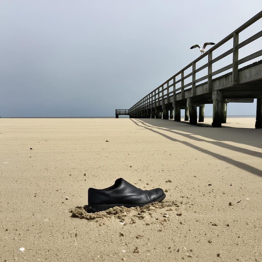 The beach is flat, sand beige, granular, no shells, except for a single left shoe, black leather, size eleven, half buried at an angle. The pier extends straight into the water, wood untreated, grain visible, though the support posts vanish before they touch the surface. The sky is uniformly gray, no clouds, yet shadows stretch at sharp diagonals. A single gull sits on the railing, wings outstretched, frozen mid-flap, no movement.