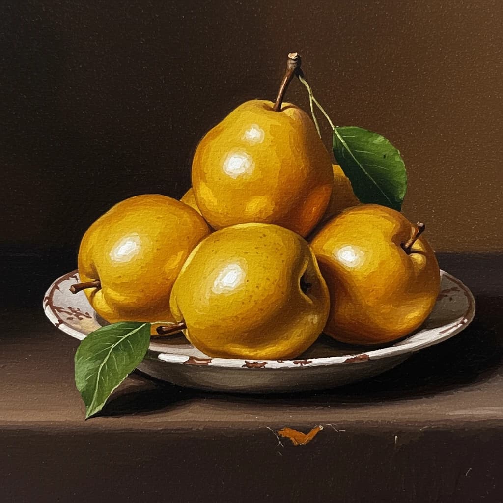 A gouache still life of pears on a chipped plate.