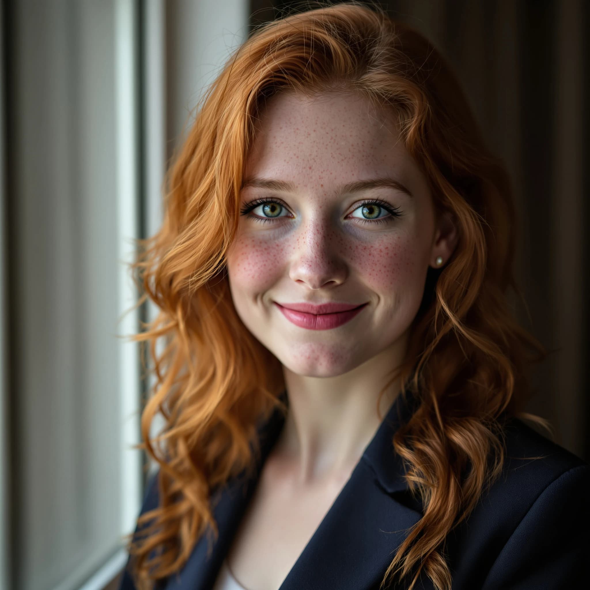 Capture a head-and-shoulders portrait of a freckled red-haired violinist in a navy blazer, soft window light, 85mm at f/1.8, gently smiling yet serious eyes, muted tones.