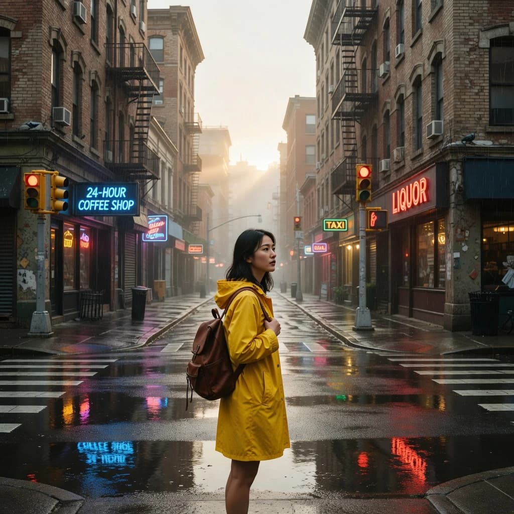 A sunlit city street after rain; puddles mirror neon signs as a woman in a yellow raincoat waits at a crosswalk, soft mist, 50mm look, natural tones, a bit of film grain.