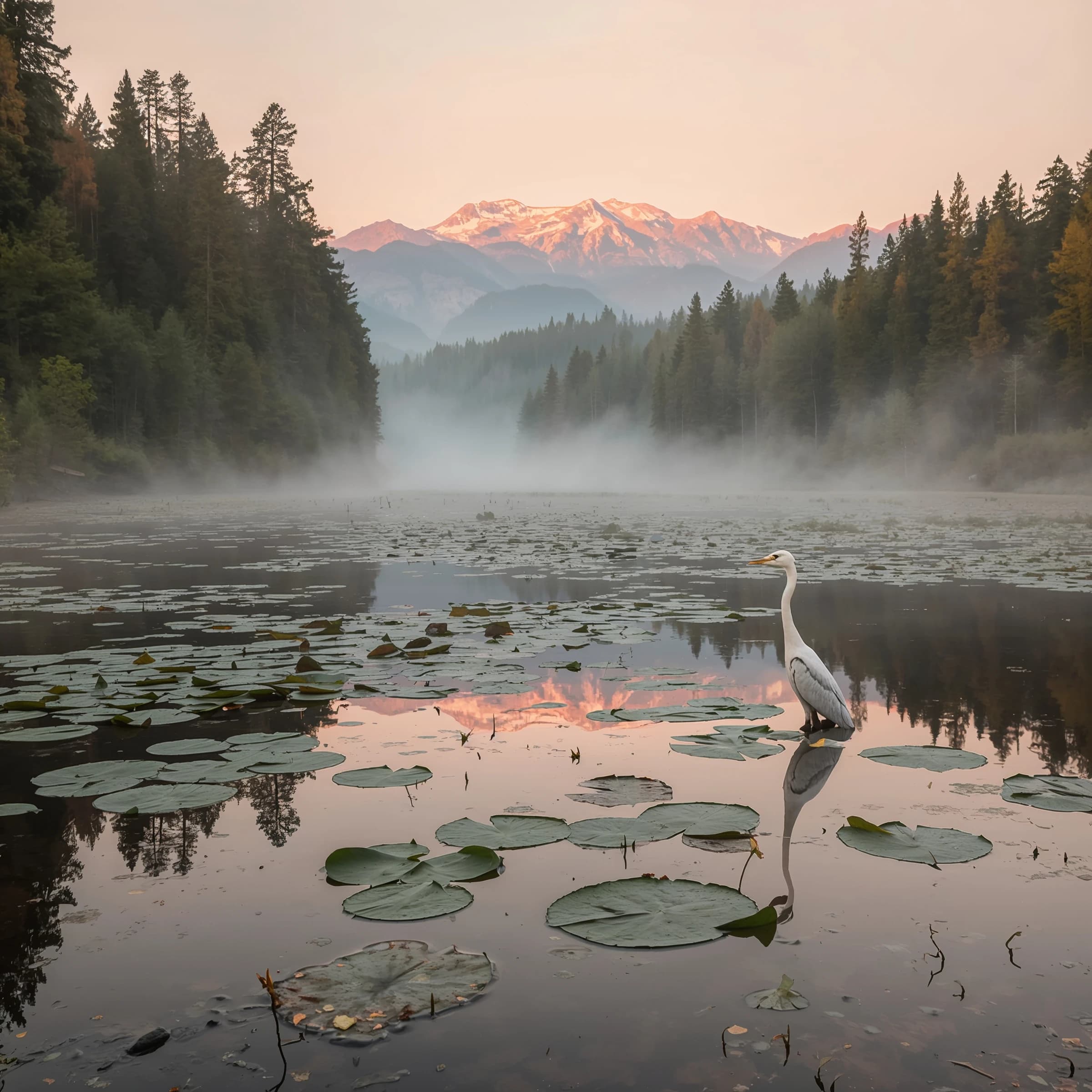 With pre-dawn mist along a cedar forest river and glassy water dotted with lily pads, distant mountains blush pink, and a heron stands still like it forgot what to do next.