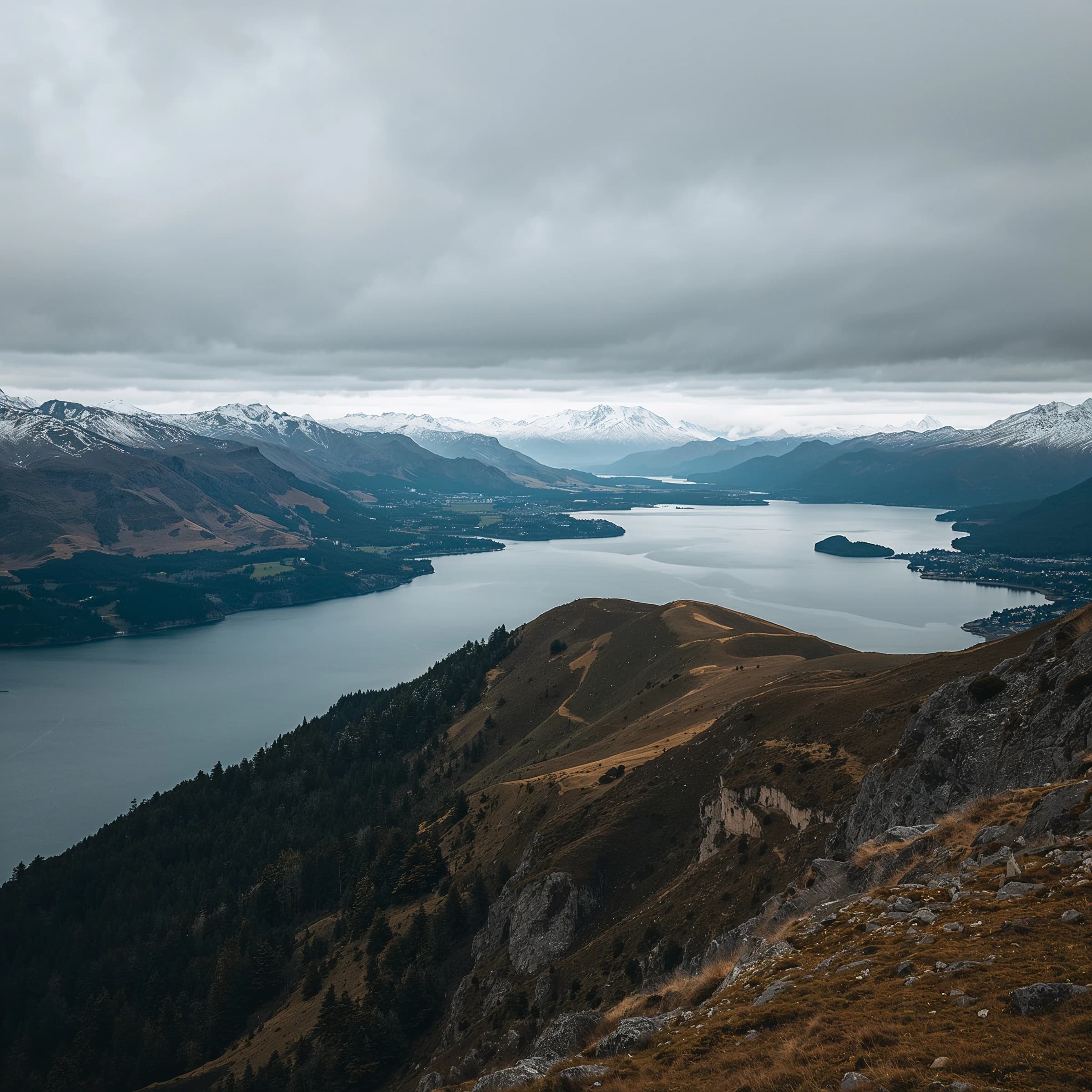 Queenstown's Lake Wakatipu, viewed from the top of Queenstown Hill after a snowstorm just dusted the top of Cecil's Peak