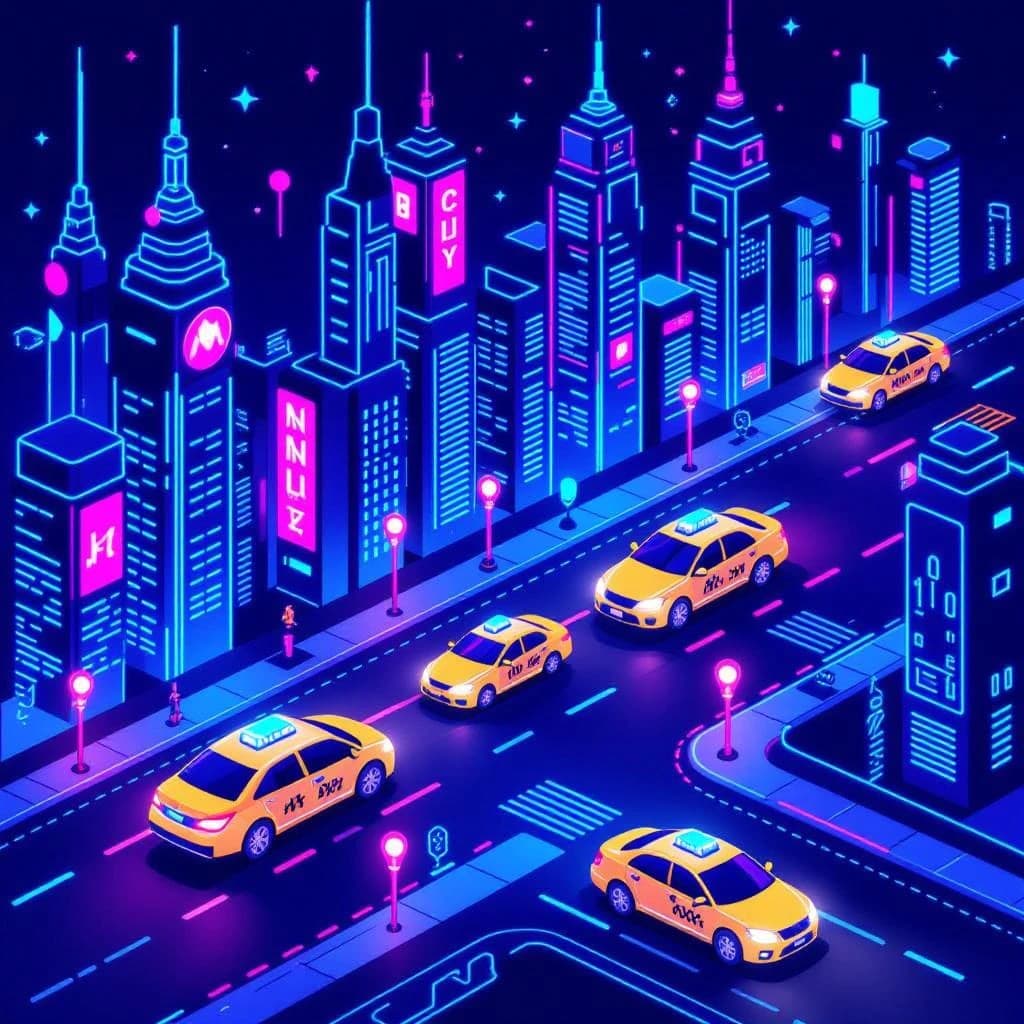 Design an isometric neon city with hovering taxis, clean lines, soft glow.