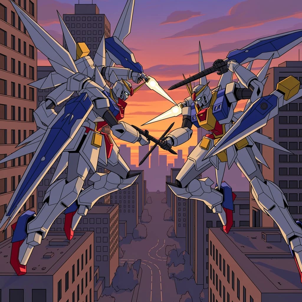 Make a cel-shaded mecha duel at dusk downtown.