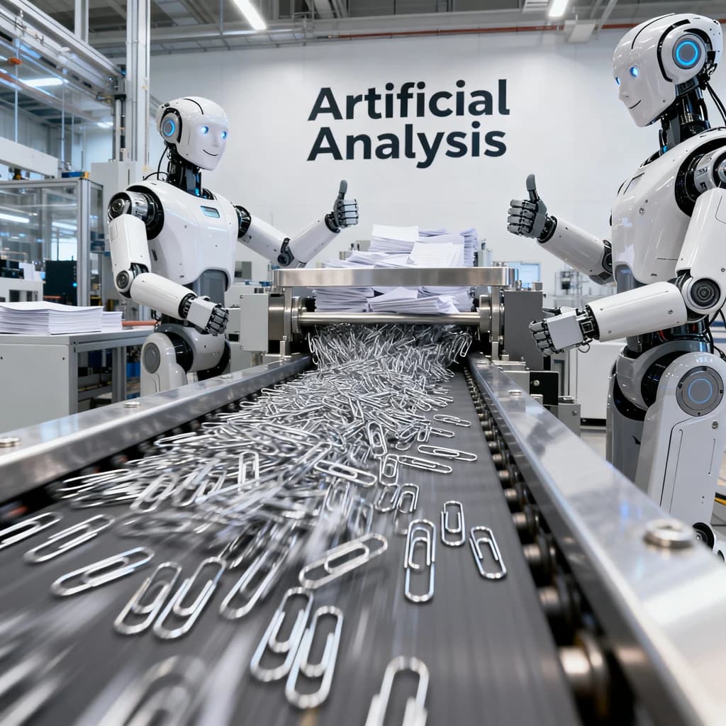 Close up point of view perspective on a conveyor belt pumping out paperclips at a maddening pace. The high tech factory has Artificial Analysis printed proudly on the wall. Robot staff look approvingly over the robust output.