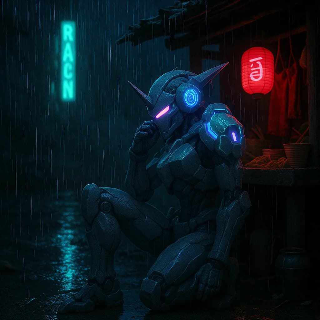 Neon rain falls as a cel-shaded mecha kneels by a ramen stall, midnight vibes.