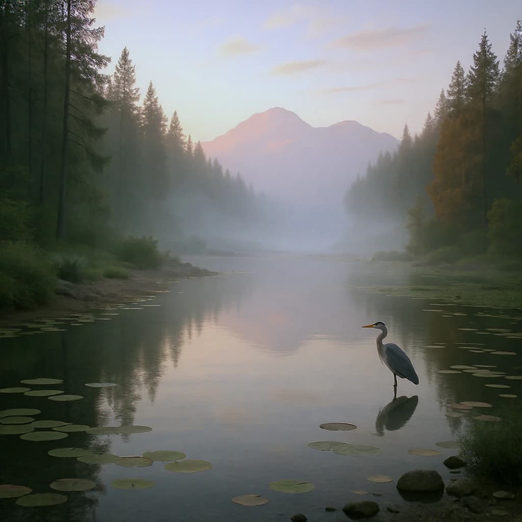 With pre-dawn mist along a cedar forest river and glassy water dotted with lily pads, distant mountains blush pink, and a heron stands still like it forgot what to do next.