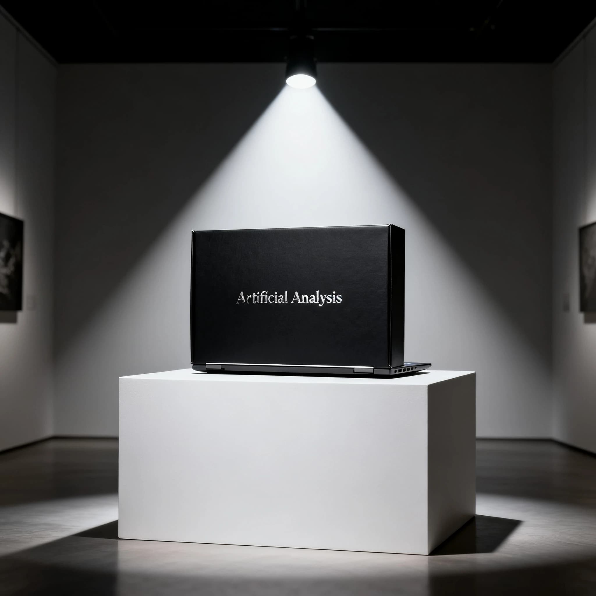 A premium matte black laptop-sized box rests on a pure white pedestal within a gallery space. Overhead, a single spotlight carves sharp contrast, leaving the edges in deep shadow. The brand name Artificial Analysis is embossed in silver foil, glinting faintly as though it were jewelry.