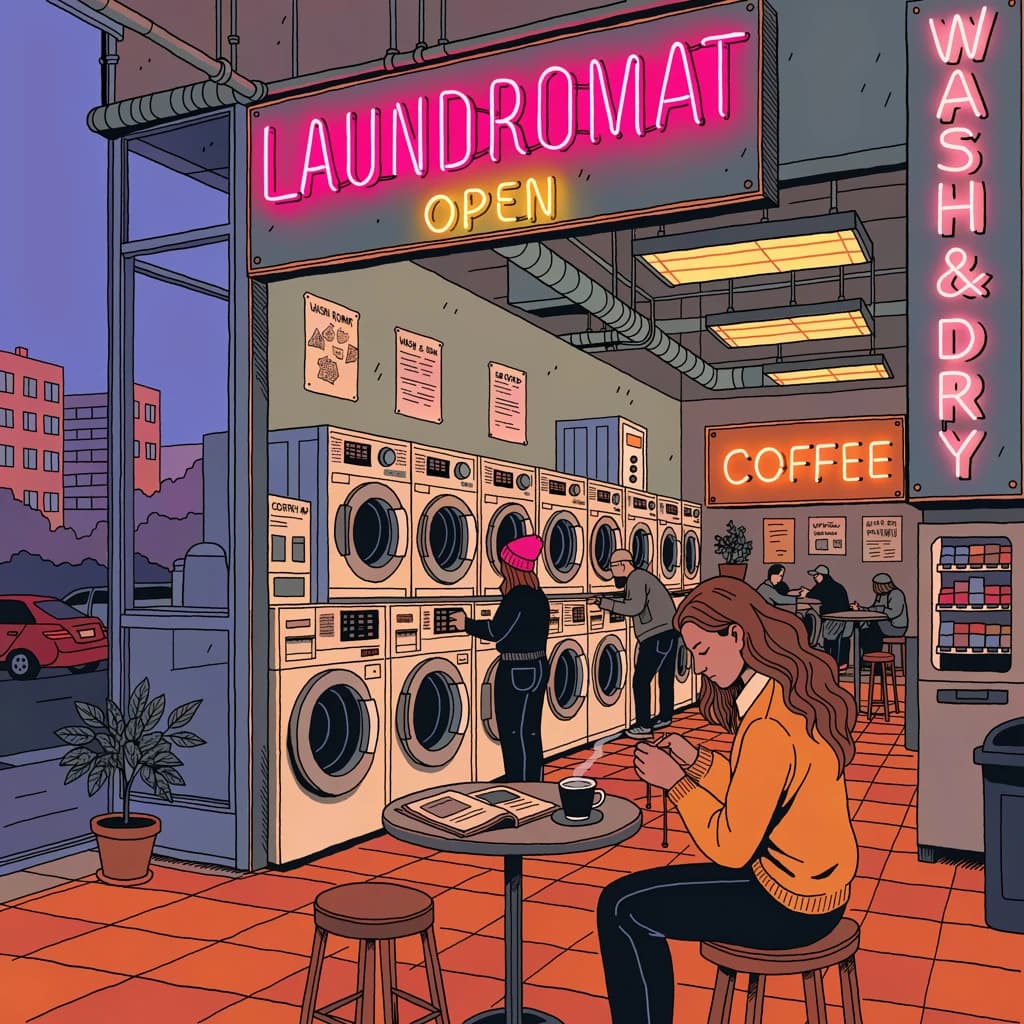 A cozy laundromat at dusk, neon humming, flat colors, bold inked lines.
