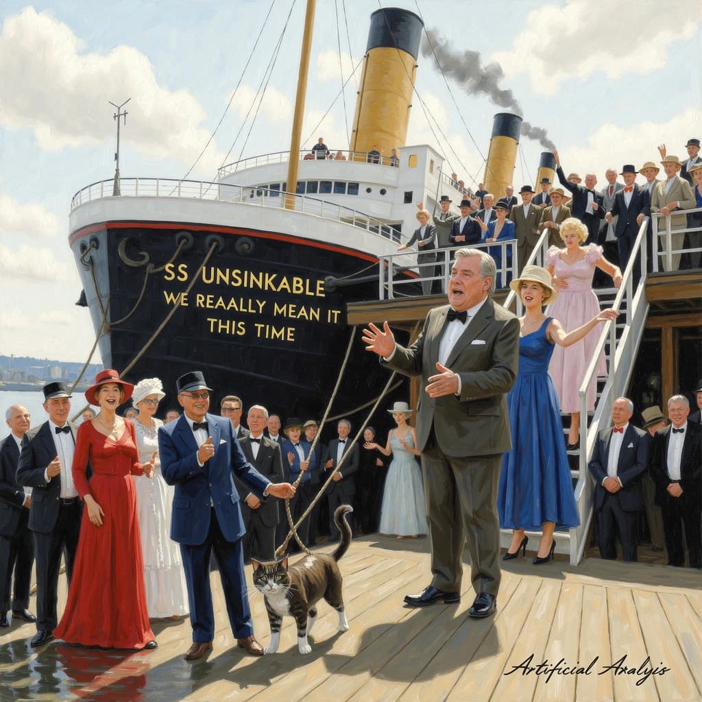 An impressionistic painting of the mighty steamer the "SS Unsinkable We Really Mean It This Time" on a cloudy but bright London morning about to set out on her maiden voyage. A jubilant crowd is gathered on the dock around the paunchy mayor who is making a speech, gesticulating wildly with his hands. The gangways are busy with well heeled ladies and gentlemen making their way onto the ship. A cheeky cat hangs over the water, clinging to the mooring rope after an ill-fated attempt to climb up. The artist has signed his name "Artificial Analysis" in the bottom corner