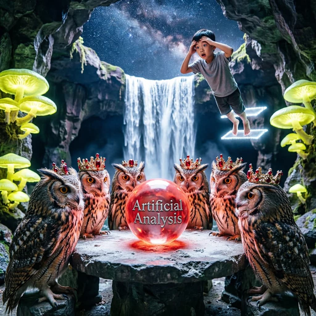 In a cavern lined with bioluminescent fungi glowing lime green, the council of owls wear jeweled crowns that glimmer with rubies, their wings folded behind their backs. Dust coats the stone table, a glowing orb inscribed with “Artificial Analysis” hovers above the table illuminating the owls with its red pulsating light. Behind them, a waterfall falls upward into a ceiling that opens onto stars - a child looks down in wonder from above at what he has stumbled across.