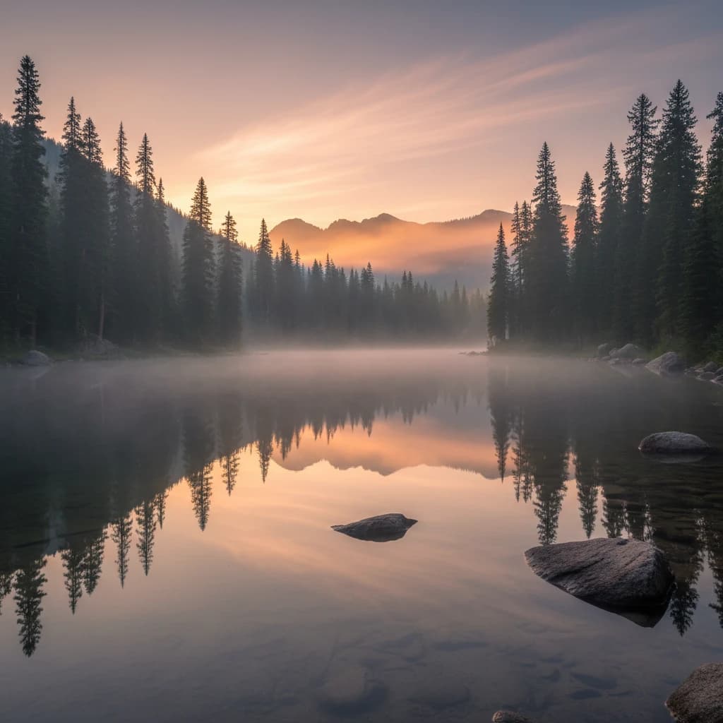 I want a photo of a misty alpine lake at dawn, pines, glassy water, warm light.