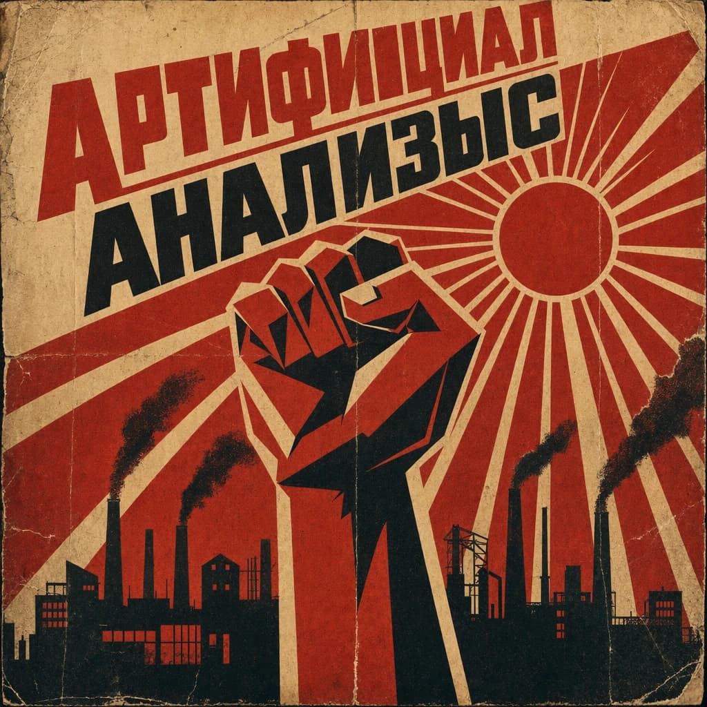A propaganda poster in stark red, black, and beige. A clenched fist rises in the foreground, rendered with sharp geometric blocks. Behind it, radiating lines stretch upward toward a stylized sun. At the top, bold sans-serif lettering in Cyrillic-inspired type spells out Artificial Analysis, tilted at an angle for emphasis. A factory skyline silhouettes the bottom edge, smoke stacks rising into the background. The texture is rough, printed on aged paper with visible creases and ink bleed. Designed in the constructivist Soviet poster style.