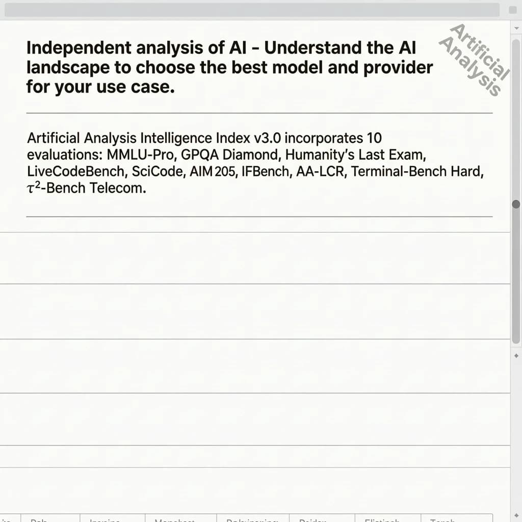 On a white dashboard with thin gray dividers, place a centered header in Helvetica Neue Bold, 20pt: “Independent analysis of AI - Understand the AI landscape to choose the best model and provider for your use case.” Directly beneath, a subheader in smaller Regular weight, 14pt: “Artificial Analysis Intelligence Index v3.0 incorporates 10 evaluations: MMLU-Pro, GPQA Diamond, Humanity's Last Exam, LiveCodeBench, SciCode, AIME 2025, IFBench, AA-LCR, Terminal-Bench Hard, 𝜏²-Bench Telecom.” The header is fully justified but the subheader is left-aligned. In the upper right corner, the Artificial Analysis logo appears watermarked, diagonal, faint gray, partially overlapping the scrollbar.