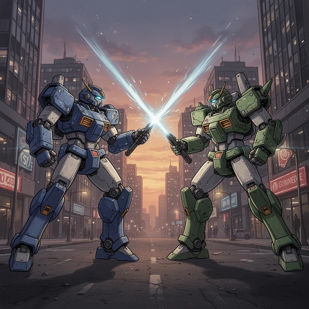 Make a cel-shaded mecha duel at dusk downtown.