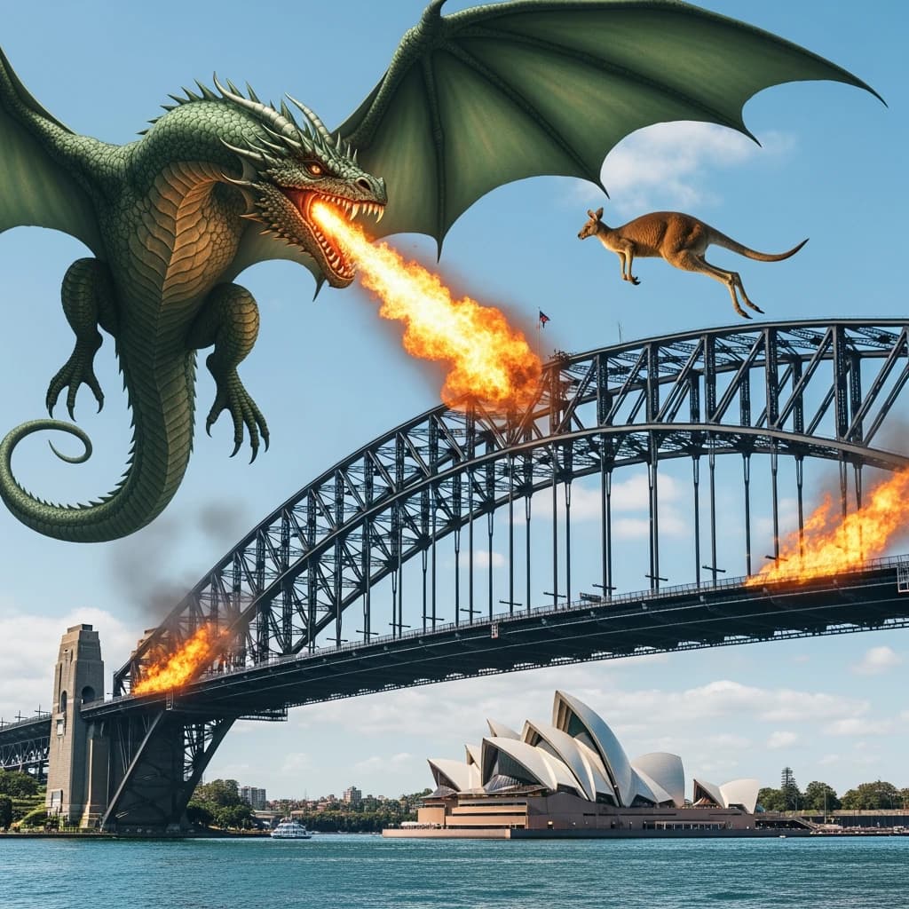 A dragon breathes fire at a kangaroo that is running away by climbing over the top of the Sydney Harbour Bridge. Opera House visible in the background.