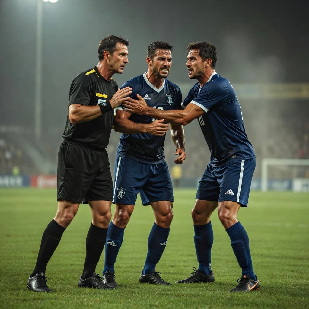 The soccer player clashes with the ref. It is thick and humid and the heat is getting to the players. His friend tries to pull him off before he causes any more trouble.