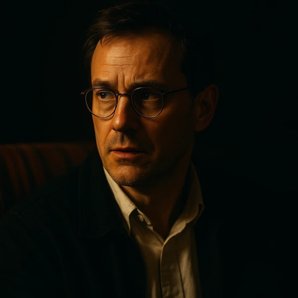 A sharply lit portrait of a middle-aged man wearing thin-rimmed glasses and a dark jacket over a white collared shirt. He gazes intently to the side, his face half illuminated by warm light while the background recedes into deep shadow. The expression is thoughtful, almost wary, as if caught mid-conversation. Behind him, a striped cushion in muted reds and blacks adds subtle texture, contrasting with the crisp highlights on his forehead and glasses. The overall mood is contemplative and cinematic, balancing warmth with tension.