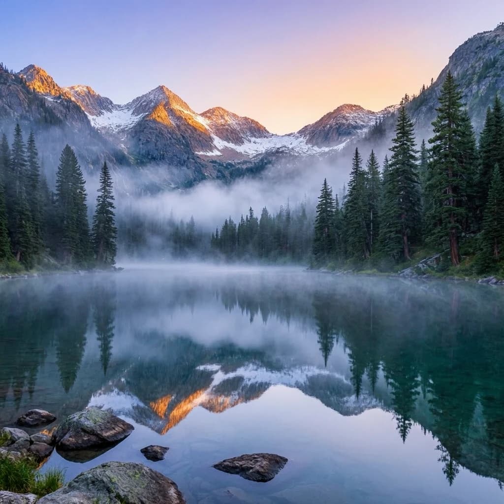 I want a photo of a misty alpine lake at dawn, pines, glassy water, warm light.