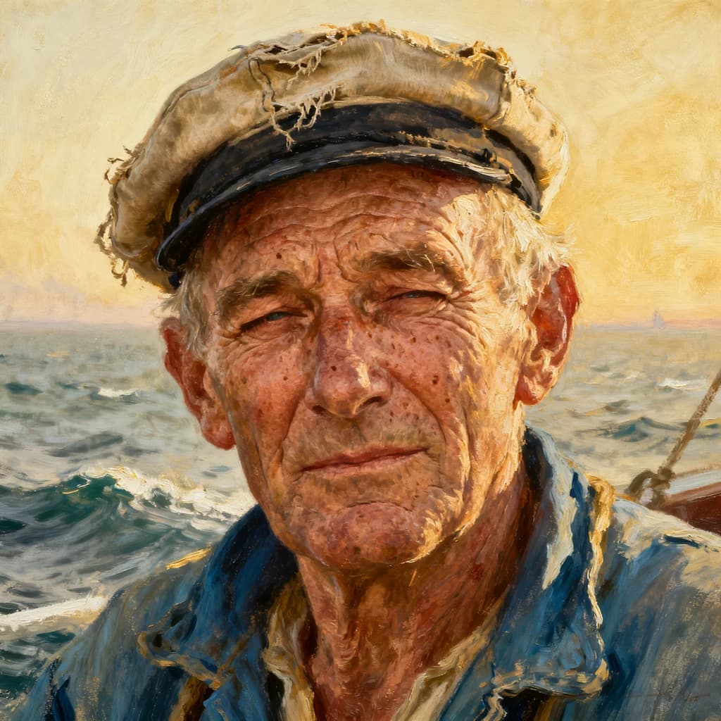 Oil on canvas portrait of an elderly sailor, weathered face, soft light.