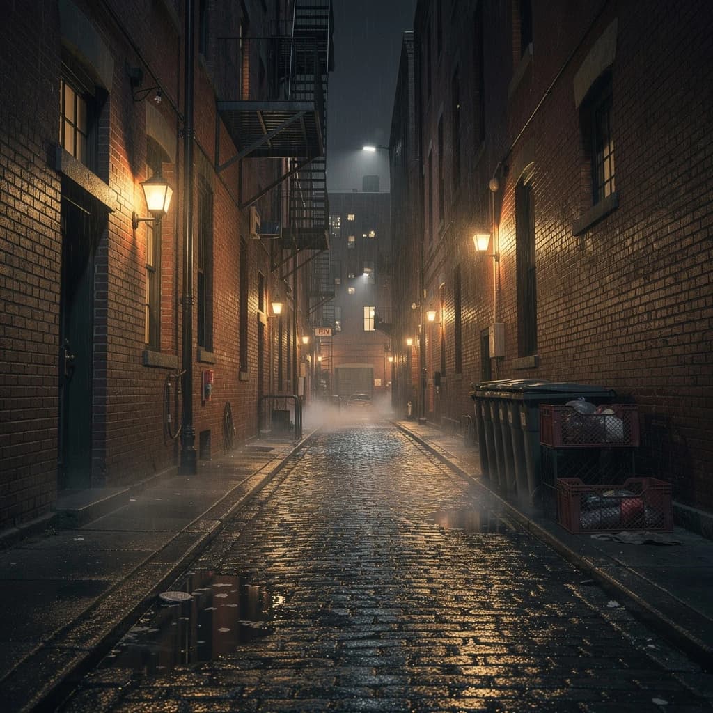 Show a narrow brick alley with wet cobblestones.