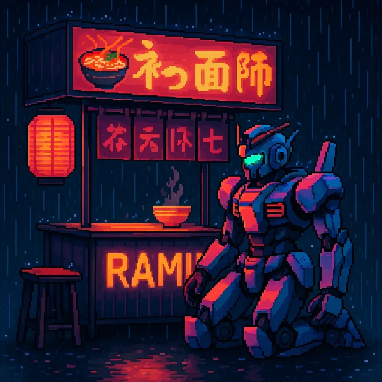 Neon rain falls as a cel-shaded mecha kneels by a ramen stall, midnight vibes.