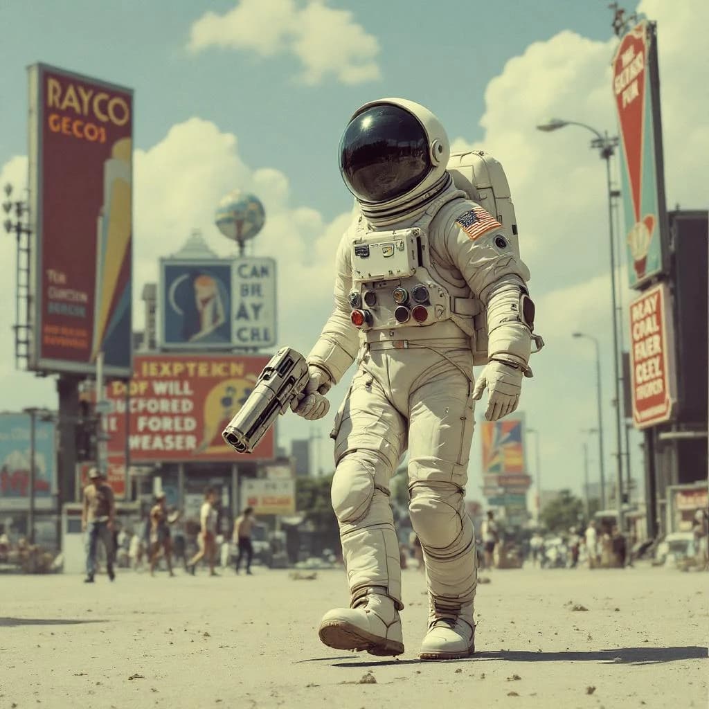 Raygun-toting astronaut in a bubble helmet strolls past art deco billboards.