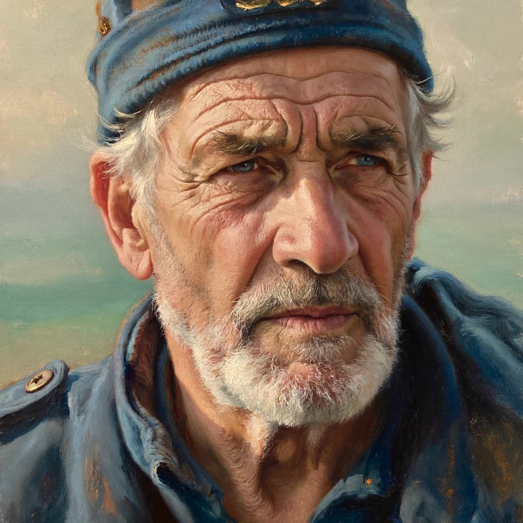 Oil on canvas portrait of an elderly sailor, weathered face, soft light.