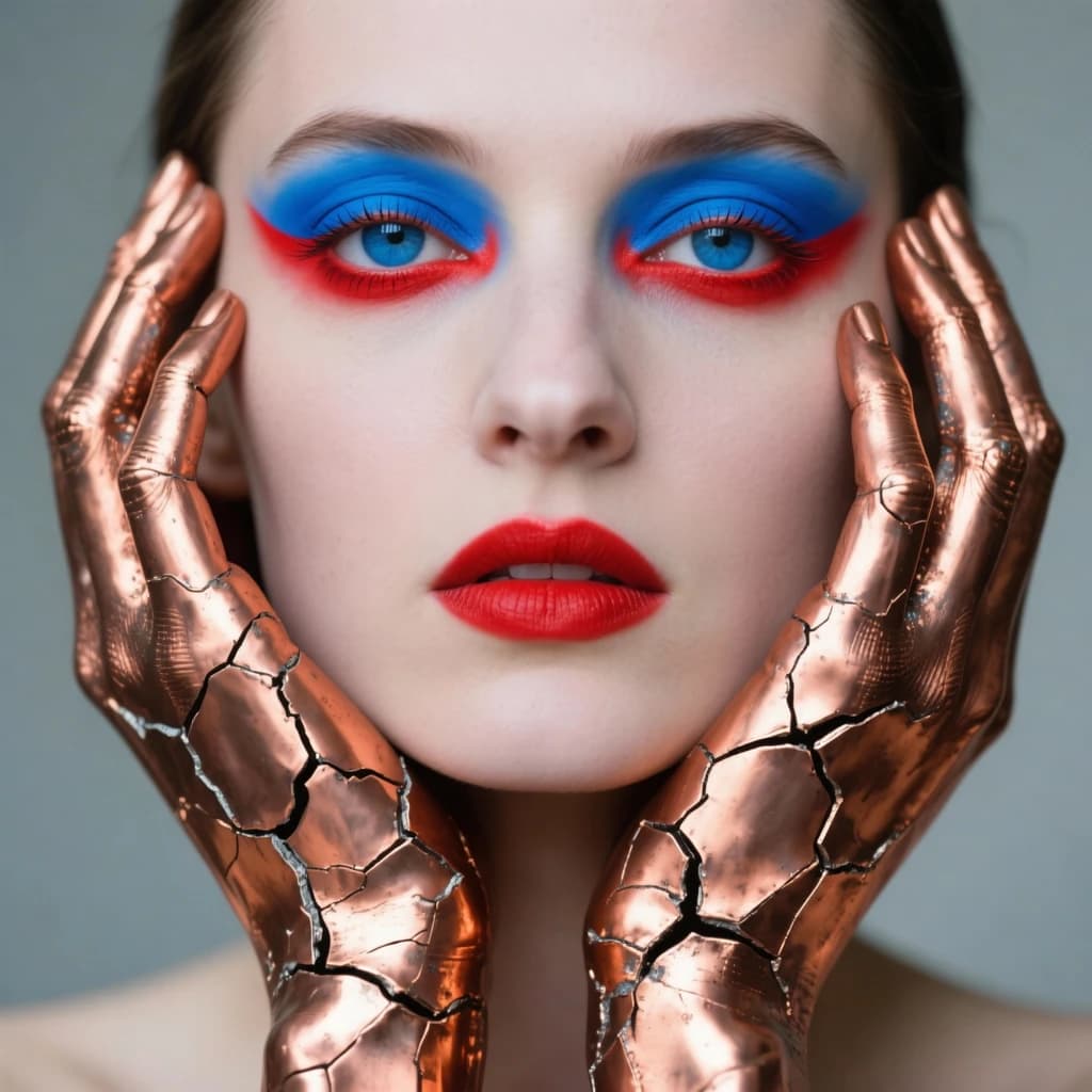 A striking close-up portrait of a woman with cracked metallic copper-painted hands framing her face. Her vivid blue and red eye makeup contrasts sharply with the smooth, pale skin and muted background, creating a bold, surreal composition. She displays an air of uncertainty about her