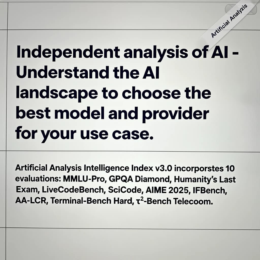 On a white dashboard with thin gray dividers, place a centered header in Helvetica Neue Bold, 20pt: “Independent analysis of AI - Understand the AI landscape to choose the best model and provider for your use case.” Directly beneath, a subheader in smaller Regular weight, 14pt: “Artificial Analysis Intelligence Index v3.0 incorporates 10 evaluations: MMLU-Pro, GPQA Diamond, Humanity's Last Exam, LiveCodeBench, SciCode, AIME 2025, IFBench, AA-LCR, Terminal-Bench Hard, 𝜏²-Bench Telecom.” The header is fully justified but the subheader is left-aligned. In the upper right corner, the Artificial Analysis logo appears watermarked, diagonal, faint gray, partially overlapping the scrollbar.