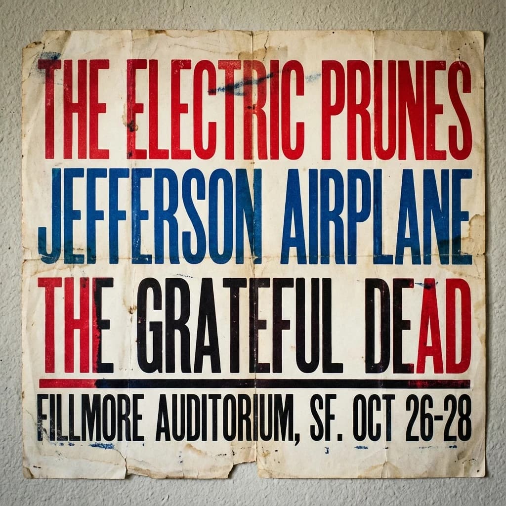 Make a 1960s concert poster featuring bold wood type, misaligned ink, creases.