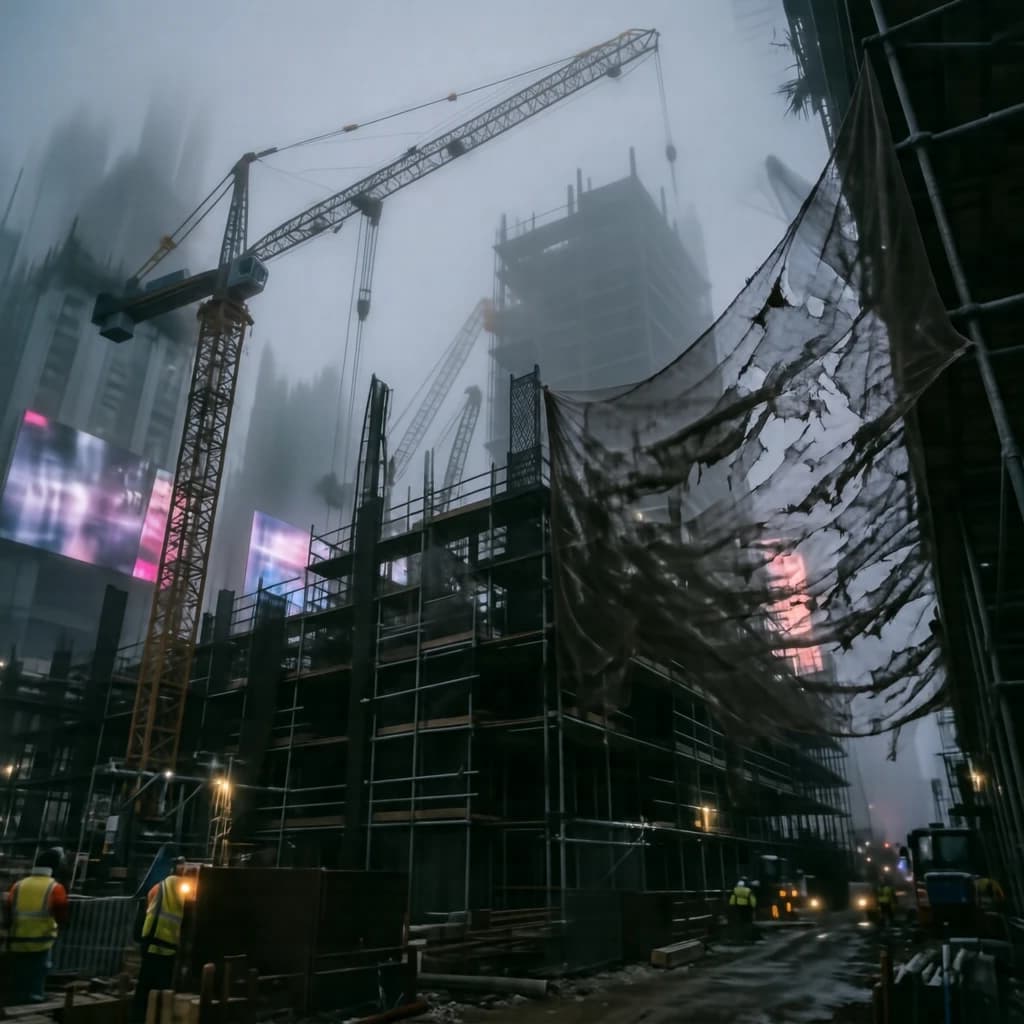 A construction site stretched upward into fog, cranes frozen in silhouette. Wind rattled scaffolding draped with torn mesh that glowed faintly from nearby billboards