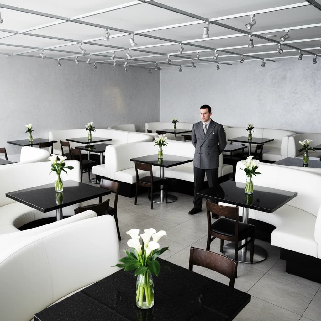The place is almost empty. The banquettes are covered in white leather, the tables black granite, and the entire room is bathed in halogen track lighting that seems too bright. The maître d’ wears a double-breasted wool crepe jacket. There are lilies on every table.
