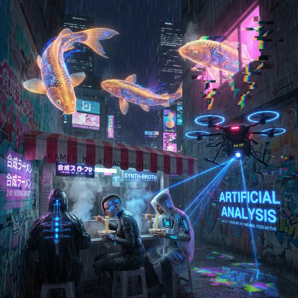 A neon alley in Neo-Tokyo 2142 drips with rain Cybernetic patrons slurp ramen at a stall with their glowing implants humming with blue light. Three giant holographic koi hover 10 metres above the ground and swim across the skyline, one has clipped into a building. A six-prop drone hovers nearby, projecting "Artificial Analysis" onto a wall with blue laser beams visible