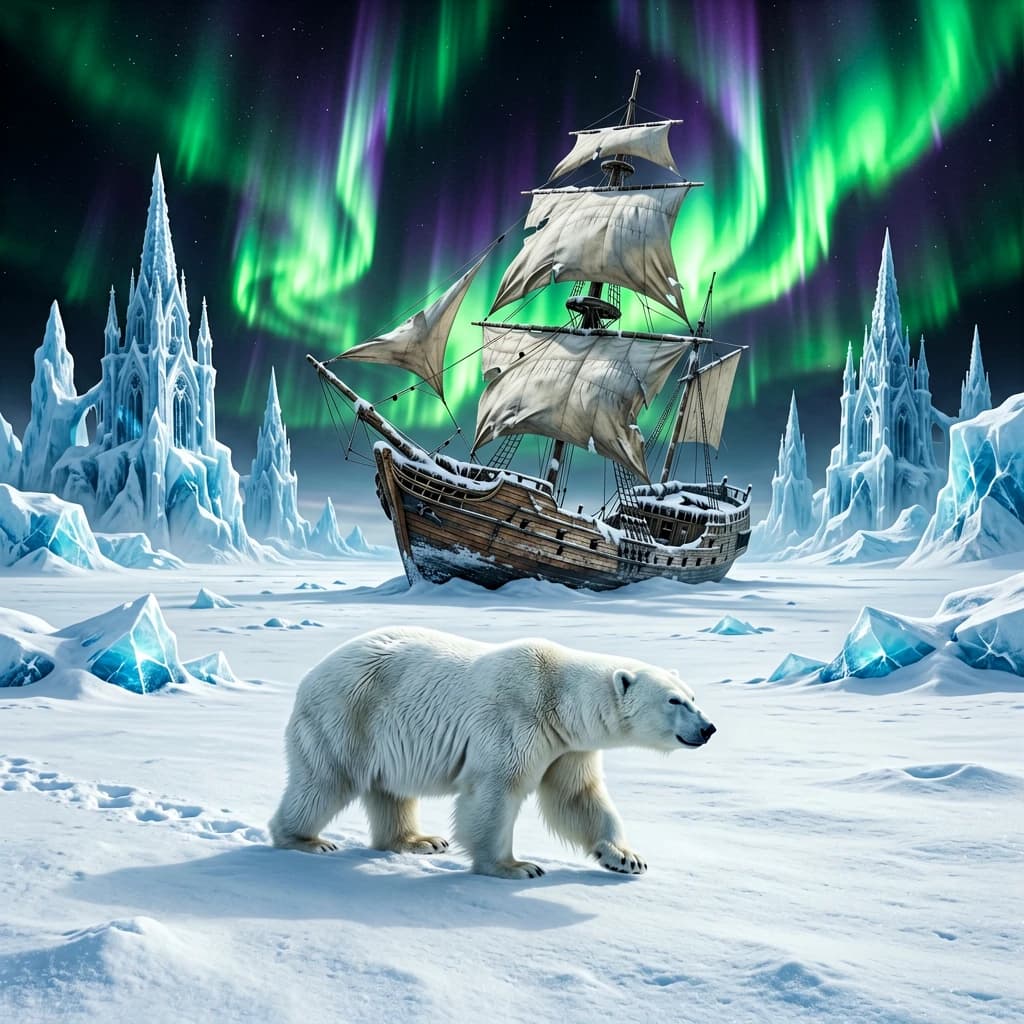 An endless tundra stretches outward, littered with jagged icebergs shaped like cathedral spires. A polar bear trudges across the foreground but leaves no tracks. Auroras ripple overhead. A half-buried shipwreck juts from the snow — sails billowing despite the still air.