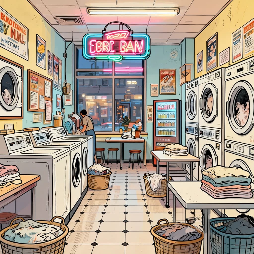 A cozy laundromat at dusk, neon humming, flat colors, bold inked lines.