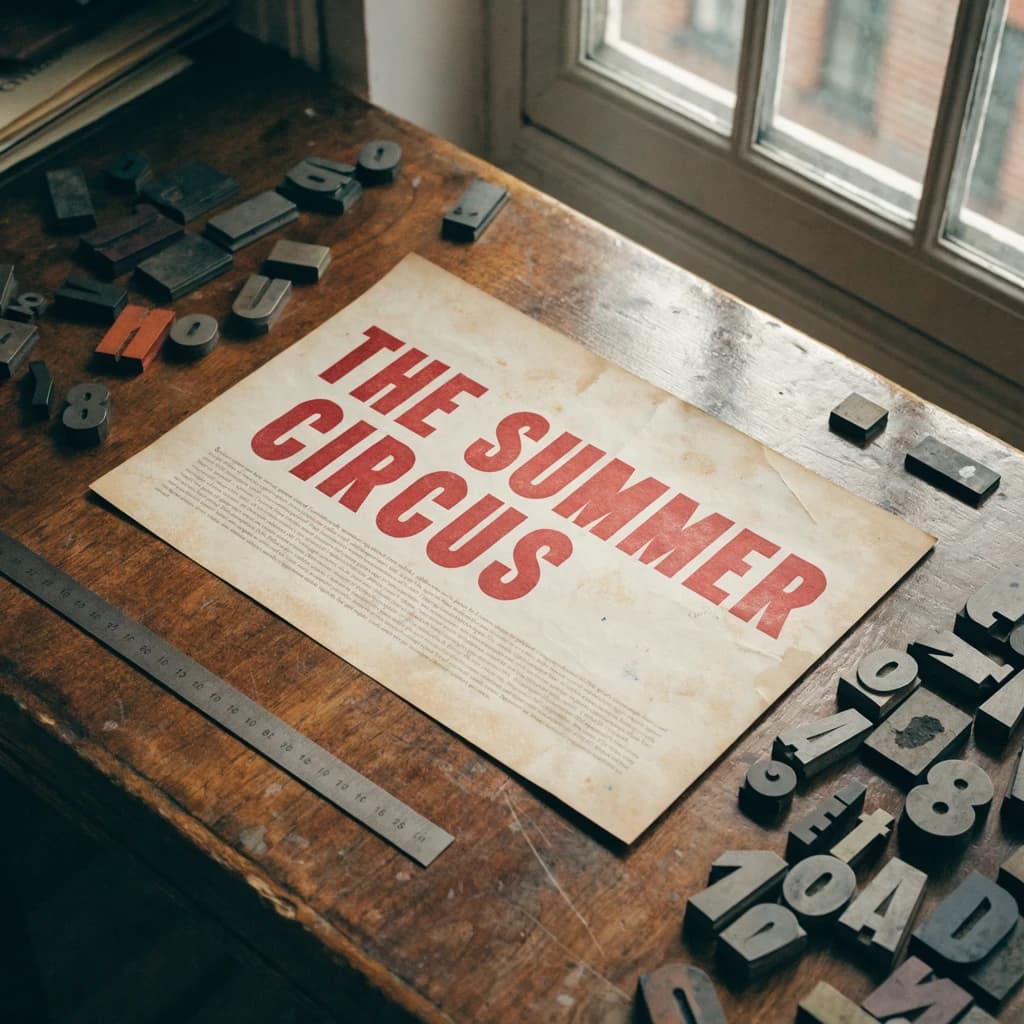 A vintage letterpress poster on a wooden desk: bold slab serif headline, tight kerning, misregistered ink, slightly worn edges, scattered metal type, soft window light.