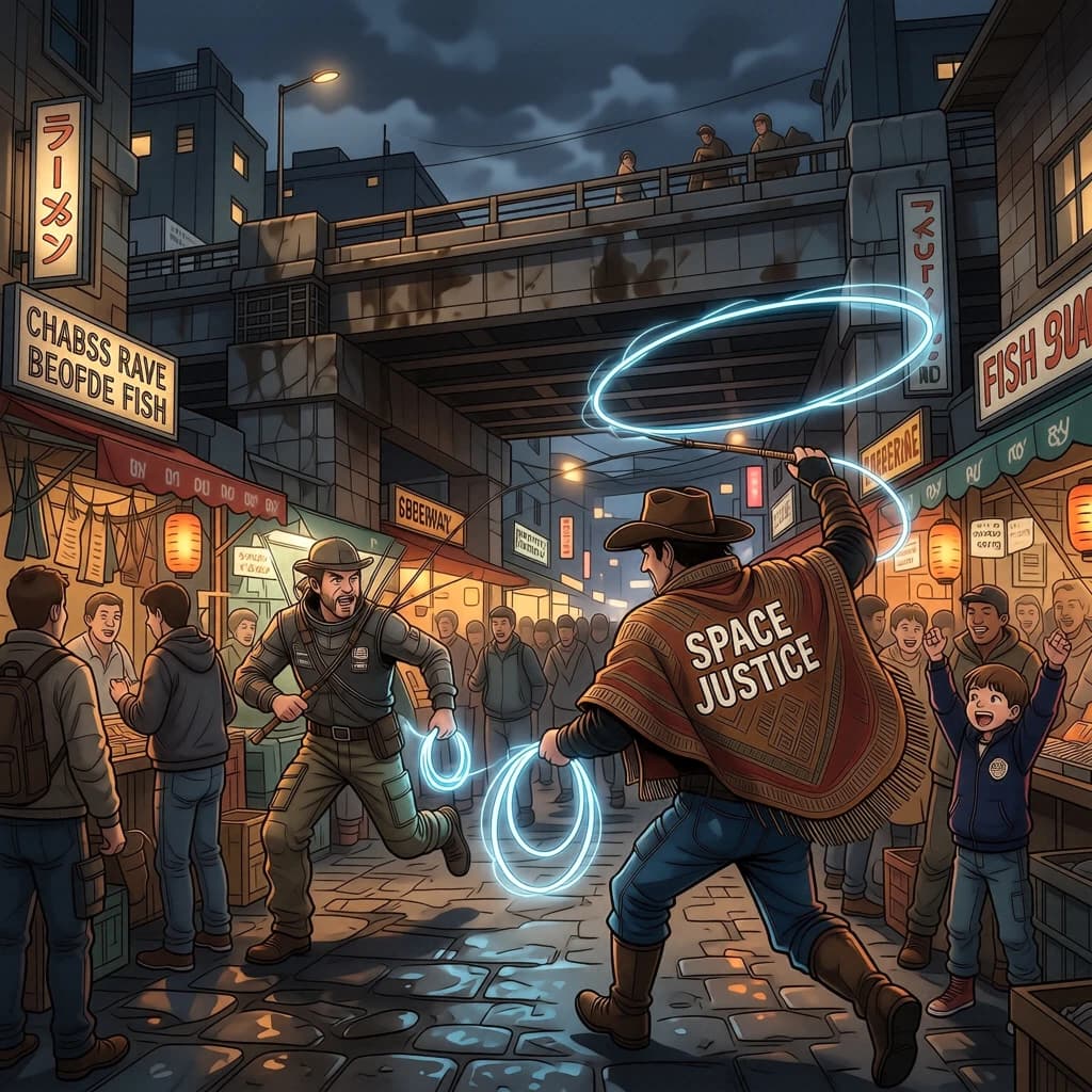 The space cowboy chases the deranged fisherman underneath the causeway, eager to collect on his bounty. Fishing rods and lines hang off the back off the fishermen as he darts between the bustling market crowd. We see the back of the space cowboy in his space poncho emblazoned with the words SPACE JUSTICE, spinning his lasso over his head. A child on the sidelines excitedly cheers the cowboy. 1990s hand drawn anime style with strong fluidity