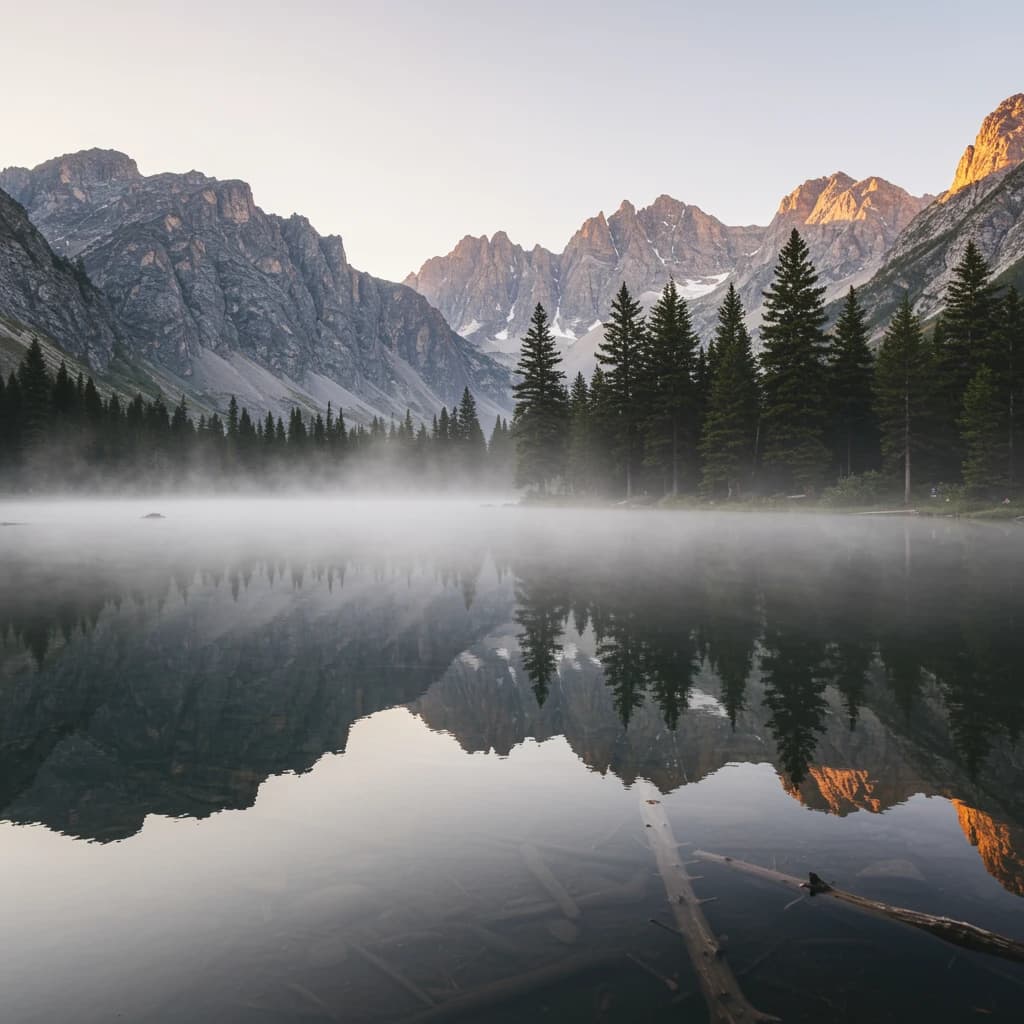 I want a photo of a misty alpine lake at dawn, pines, glassy water, warm light.